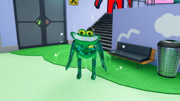 Roblox Garten Of Banban Rp X A Metallic Green Creepy Frog With Massive Smile Stands Near Cushioned Bench And Trash Bin