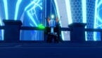 Roblox Grand Alfheim Avatar Wearing Silver Helmet Black Clothes Two Giant Swords On Back Standing On Bridge With Neon Blue Constructions Behind