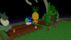 Roblox Grow A Garden 2 Avatar Wearing Silver Helmet Black Clothes Two Giant Swords On Back Standing In A Garden With A Golden Pineabple Green Blue Mushrooms Pineapples And More