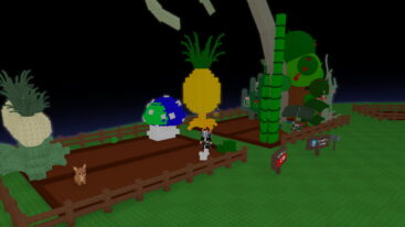 Roblox Grow A Garden 2 Avatar Wearing Silver Helmet Black Clothes Two Giant Swords On Back Standing In A Garden With A Golden Pineabple Green Blue Mushrooms Pineapples And More