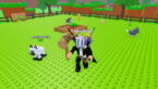 Roblox Hatch Your Pet Avatar Wearing Silver Helmet Black Clothes Two Giant Swords On Back Holding A Wooden Hammer In A Fenced Off Area Filled With Animals Such As Cats Dogs