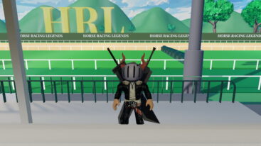 Roblox Horse Racing Legends Avatar Wearing Silver Helmet Black Clothes Two Giant Swords On Back Standing In The Stands Of The Race Track