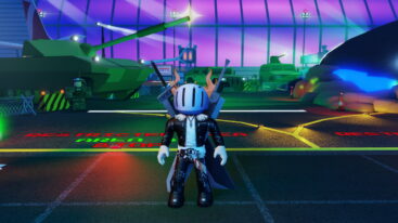 Roblox Land Or Die Avatar Wearing Silver Helmet Black Clothes Two Giant Swords On Back Standing Before Tanks And Ufos
