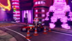 Roblox Manhwa Legends Avatar Wearing Silver Helmet Black Clothes Two Giant Swords On Back Standing On Top Of A Orange White Cone With A Red Car Behind With A Pink Giant Hologram Of An Npc