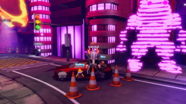 Roblox Manhwa Legends Avatar Wearing Silver Helmet Black Clothes Two Giant Swords On Back Standing On Top Of A Orange White Cone With A Red Car Behind With A Pink Giant Hologram Of An Npc