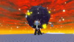 Roblox Mine A Planet Avatar Wearing Silver Helmet Black Clothes Two Giant Swords On Back Standing Before A Black Planet With Yellow Crystals With A Red Cloudy Sky In Background