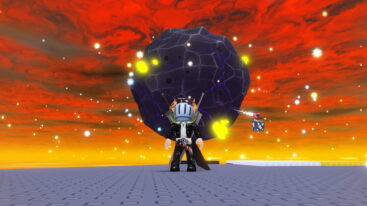Roblox Mine A Planet Avatar Wearing Silver Helmet Black Clothes Two Giant Swords On Back Standing Before A Black Planet With Yellow Crystals With A Red Cloudy Sky In Background