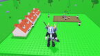 Roblox Mini Cup Avatar Wearing Silver Helmet Black Clothes Two Giant Swords On Back Standing Near Two Red Roofed Houses And Pitch With Small Players