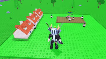 Roblox Mini Cup Avatar Wearing Silver Helmet Black Clothes Two Giant Swords On Back Standing Near Two Red Roofed Houses And Pitch With Small Players