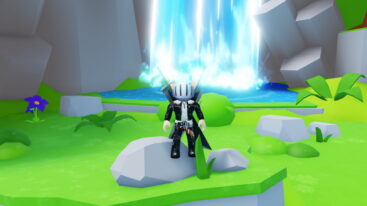 Roblox Multiverse Tower Defense Avatar Wearing Silver Helmet Black Clothes Two Giant Swords On Back Standing Before A Waterfall