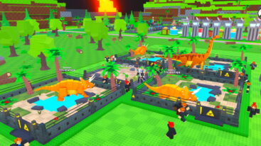 Roblox My Dino Park Avatar Wearing Silver Helmet Black Clothes Two Giant Swords On Back Standing Between Five Dino Parks Filled With Orange Dinosaurs Like Triceratops And Brachiosaur