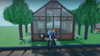 Roblox My Greenhouse Avatar Wearing Silver Helmet Black Clothes Two Giant Swords On Back Standing Outside Greenhouse Surrounded By Trees And Flowers