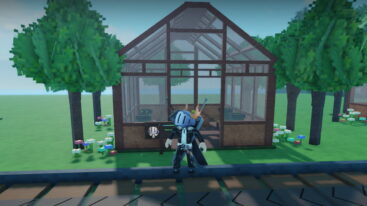 Roblox My Greenhouse Avatar Wearing Silver Helmet Black Clothes Two Giant Swords On Back Standing Outside Greenhouse Surrounded By Trees And Flowers