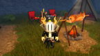 Roblox Nightfall Avatar Wearing Silver Helmet Black Clothes Two Giant Swords On Back Standing Next To Campfire With Animal Cooking Next To Camping Chair Witha Acoustic Guitar And More