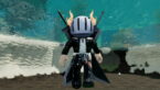 Roblox Omegaverse Rp Avatar Wearing Silver Helmet Black Clothes Two Giant Swords On Back Swimming In Water