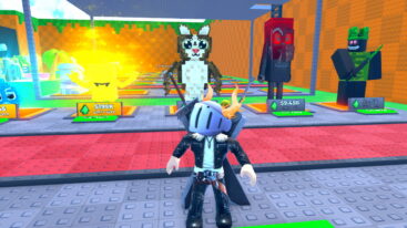 Roblox Power Blast Lucky Blocks Avatar Wearing Silver Helmet Black Clothes Two Giant Swords On Back Standing Before Different Brainrots