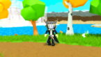 Roblox Rng Heroes Avatar Wearing Silver Helmet Black Clothes Two Giant Swords On Back Standing Before Black White Spotted Tree