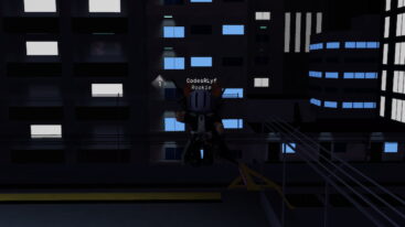 Roblox Redliner Avatar Wearing Silver Helmet Black Clothes Two Giant Swords On Back Jumping With A Metal Fence And City Backdrop Behind