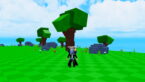 Roblox Resource Incremental Avatar Wearing Silver Helmet Black Clothes Two Giant Swords On Back Standing On Green Tiles With Trees Flowers And Boulders Behind