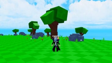 Roblox Resource Incremental Avatar Wearing Silver Helmet Black Clothes Two Giant Swords On Back Standing On Green Tiles With Trees Flowers And Boulders Behind