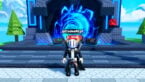 Roblox Roll Anime To Fight Avatar Wearing Silver Helmet Black Clothes Two Giant Swords On Back Standing In Front Of A Red Roll Button In Front Of A Blue Portal