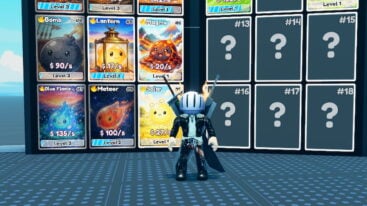 Roblox Slime Card Collection Avatar Wearing Silver Helmet Black Clothes Two Giant Swords On Back Standing Before Giant Binder Filled With Colorful Slime Cards