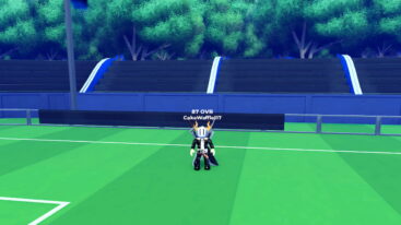 Roblox Soccer Card Draft Avatar Wearing Silver Helmet Black Clothes Two Giant Swords On Back Standing On Soccer Field With Stands And Trees Behind
