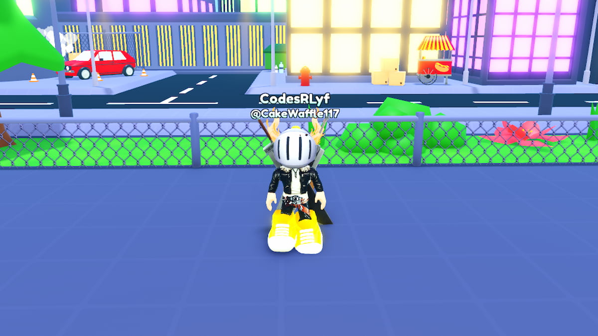 Speed Training Codes Upd July 2026 Try Hard Guides Roblox Speed Training Avatar Wearing Silver Helmet Black Clothes Two Giant Swords On Back Wearing Massive Yellow Trainers Near A Short Chain Link Fence With City And Hotdog Stall Behind 