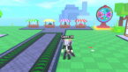 Roblox Spin A Gun Avatar Wearing Silver Helmet Black Clothes Two Giant Swords On Back Standing Near Two Conveyor Belts With Four Different Colored Stalls At End Near Spinning Wheel