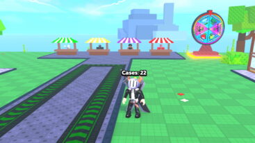Roblox Spin A Gun Avatar Wearing Silver Helmet Black Clothes Two Giant Swords On Back Standing Near Two Conveyor Belts With Four Different Colored Stalls At End Near Spinning Wheel
