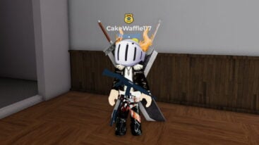 Roblox Tactical Swat Simulator Avatar Wearing Silver Helmet Black Clothes Two Giant Swords On Back With A Pistol On Hip And A Assault Rifle Strapped To Chest