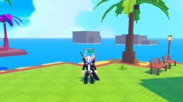 Roblox Throw A Coin Avatar Wearing Silver Helmet Black Clothes Two Giant Swords On Back Standing Near Ocean With Palm Tree And Benches