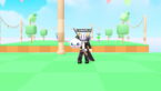 Roblox Trade Squishy Dumplings Avatar Wearing Silver Helmet Black Clothes Two Giant Swords On Back Holding A White Squishy