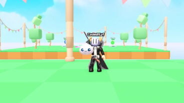 Roblox Trade Squishy Dumplings Avatar Wearing Silver Helmet Black Clothes Two Giant Swords On Back Holding A White Squishy