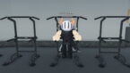 Roblox Ultimate Gym Game Avatar Wearing Silver Helmet Black Clothes Two Giant Swords On Back Doing L Sit Raises On A Gym Bar