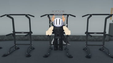Roblox Ultimate Gym Game Avatar Wearing Silver Helmet Black Clothes Two Giant Swords On Back Doing L Sit Raises On A Gym Bar