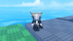 Roblox Untitled Incremental Avatar Wearing Silver Helmet Black Clothes Two Giant Swords On Back Standing On Gray Platform Near Green Platform With Blue Sky And Clouds Behind
