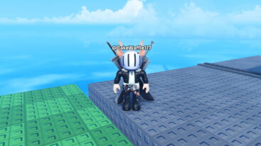Roblox Untitled Incremental Avatar Wearing Silver Helmet Black Clothes Two Giant Swords On Back Standing On Gray Platform Near Green Platform With Blue Sky And Clouds Behind