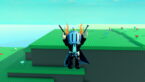 Roblox Cavity Avatar Wearing Silver Helmet Black Clothes Two Giant Swords On Back Falling Through The Air With Arms Outstretched Upwards