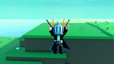Roblox Cavity Avatar Wearing Silver Helmet Black Clothes Two Giant Swords On Back Falling Through The Air With Arms Outstretched Upwards