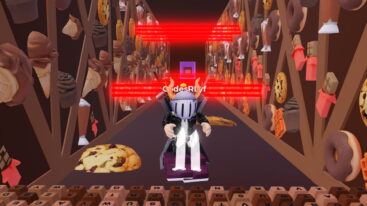 Roblox 1 Backflip Keyboard Escape Avatar Wearing Silver Helmet Black Clothes Two Giant Swords On Back Back Flipping Through Air Near Red Lasers And Dessert Themed Walls
