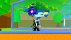Roblox 1 Drain Water Per Click Avatar Wearing Silver Helmet Black Clothes Two Giant Swords On Back Standing Before Aquarium With Legendary Fish