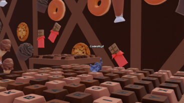 Roblox 1 Kitten Keyboard Escape Cuty Gray Stripy Kitty Stretching On Brown Chocolate Keyboard Keys In A Dessert Themed Level
