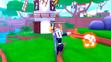 Roblox Anime Capture Avatar Wearing Silver Helmet Black Clothes Two Giant Swords On Back Swinging A Massive Red Sword With Fire At Tip With A White Windmill Behind