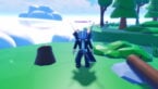 Roblox Ascension Incremental 2 Avatar Wearing Silver Helmet Black Clothes Two Giant Swords On Back Standing Near Tree Stump Logs Trees And Clouds Behind