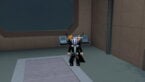 Roblox Breakdoor Avatar Wearing Silver Helmet Black Clothes Two Giant Swords On Back Standing Near Window And Metal Chairs