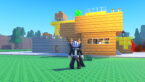 Roblox Build Base To Survive Verity Avatar Wearing Silver Helmet Black Clothes Two Giant Swords On Back Standing Before Yellow And Gray Bricked Castle