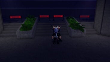 Roblox Case World Avatar Wearing Silver Helmet Black Clothes Two Giant Swords On Back Standing Near Steps Red Closed Signs
