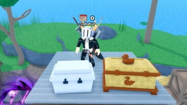 Roblox Catch 1 Billion Ducks Avatar Wearing Silver Helmet Black Clothes Two Giant Swords On Back Standing Behind A Silver Chest And A Chest With A Duck On It
