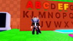Roblox Collect The Alphabet Avatar Wearing Silver Helmet Black Clothes Two Giant Swords On Back Standing Near Board Of Letters